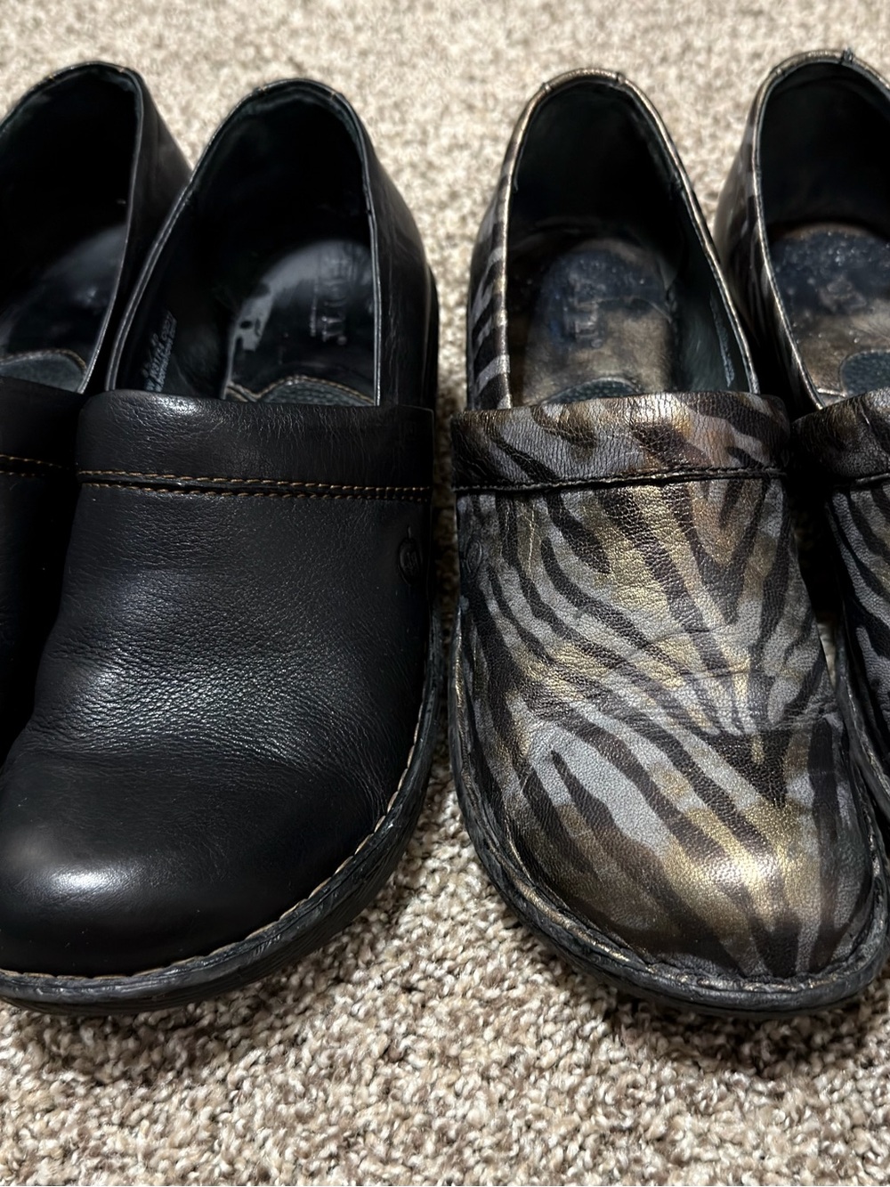 Born Women's Black and Metallic Zebra-Print comfort wedge clogs two pairs